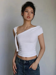 Skew Collar Asymmetric Short Sleeve Crop Top