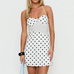 White Polka Dot Halter Mini Dress
