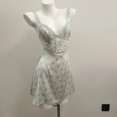 Green Stripe Floral print Lace Nightdress