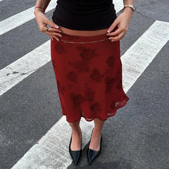 Red Floral Print Low Waist Double Layer Mesh Midi Skirt