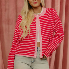 Striped Knit Crew Neck Cardigan