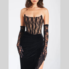 Black Lace Tube Frill Slit Maxi Dress