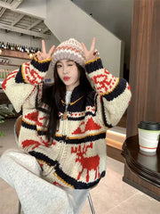 Reindeer Zipper Collar Printed Knitted Cardigan Free From Label