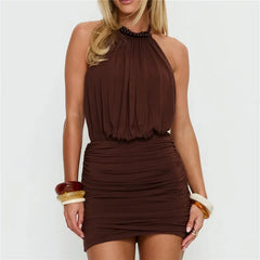 Brown Halter Beaded Neckline Open Back Ruched Mini Dress