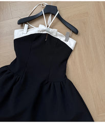 Black A-line White Satin Halter Strap Mini Dress