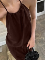 Brown Satin Tie up Backless Top And Long Skirt Set