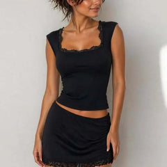 Black Lace Patchwork Top And Mini Skirt Set