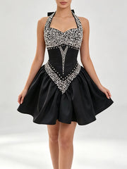 Diamond Beaded Tie-Up Neck A-Line Mini Dress