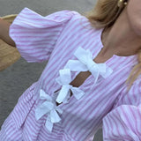 Puff Sleeve Stripe Front Bow Top And Shorts Set