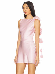 Satin Open Back Strap Flower Draped Mini Dress