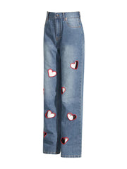 High Waist Straight Wide Leg Embroidery Heart Hollow Out Denim Pants