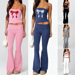 Bowknot Print Tube Top And Foldable Waist Flare Pants Set