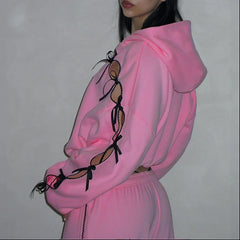Ribbion Cut Out Design Zipper Crop Hoodie