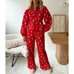 Heart Print Long Sleeve Button Down Babydoll Shirt with Pants Loungewear Set