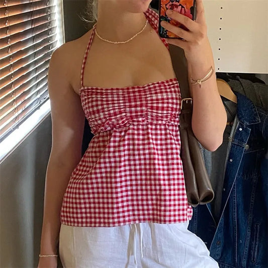 Gingham Ruched Tie-Back Peplum Top