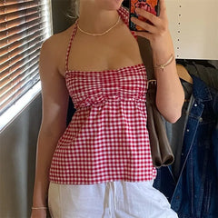 Gingham Ruched Tie-Back Peplum Top