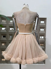 Beige Strapless Tulle Pom Pom Mini Dress