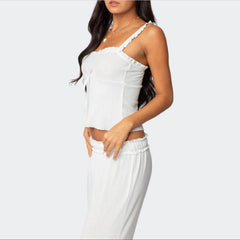 White 3D Bow Frill Trim Crop Top And Long Pants Lounge Set