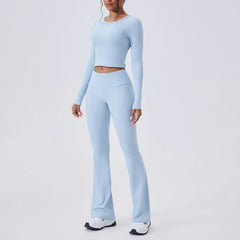 Person wearing a light blue athletic outfit 