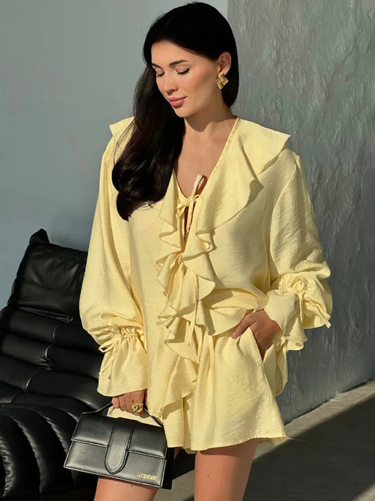 Ruffle Tie Up Shirt And Shorts Two Piece Set