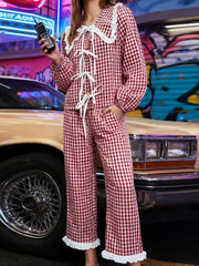Red Plaid Long Sleeve Doll Collar Tie Up Top And  Wide Leg Pants Sets