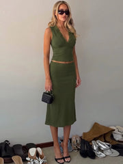 Lace Trim V-neck Tank Top And Midi Skirt Set