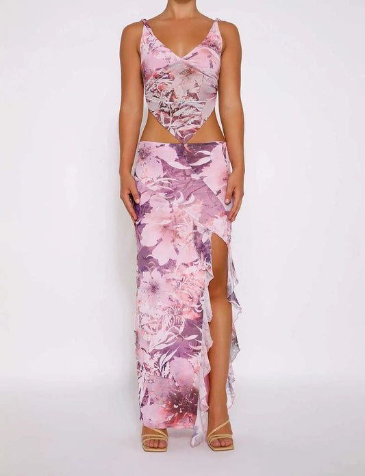 Sheer Printed V-neck Crop Top And Frill Slit Midi Skirt Set