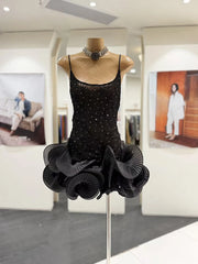 Spaghetti Strap Diamonds Ruffles Flower Hem Mini Dress