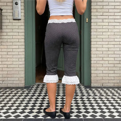 Lace Hem Mid-Calf Polka Dot Capri Pants