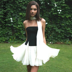 Black Tube Top With Frill Mini Skirt And Scarf Set