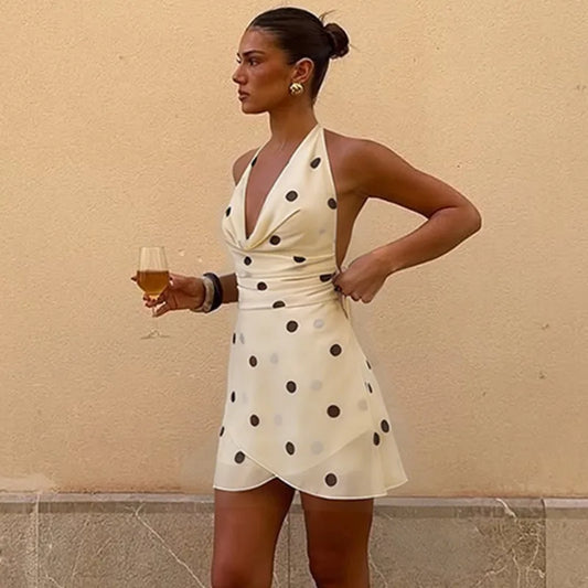 Cowl Neck Polka Dot Halter Mini Dress