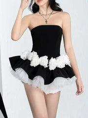 Black Frill 3d Flower Waist Desgin Strapless Blommers Layer Mini Dress
