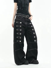 Black Rivet Metal Buckle Embellishment Wide Leg Jeans