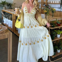 Embroidery Smocked V-Neck Halter Long Dress
