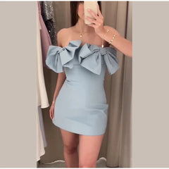 Blue 3d Bow Strapless Solid Mini Dress