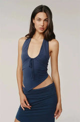 Navy Blue Halter Neck Drawstring Asymmetrical Top And Mini Skirt Set