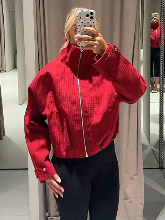 Red Zipper-up Plaid Stand Collar Jacket