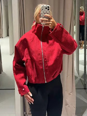 Red Zipper-up Plaid Stand Collar Jacket