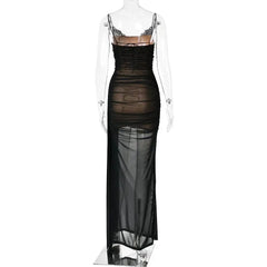 Black Mesh Spaghetti Strap Ruched Draped Maxi Dress