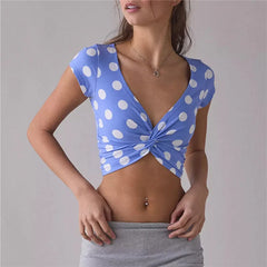 Polka Dot Deep V Front Twist Knot Crop Top