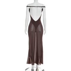 Wrap Off-shoulder Strap Mesh Bodysuit Maxi Dress