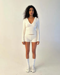 Women Knitted V Neck Hooded Sweater Short Pants Suit - Free From Label