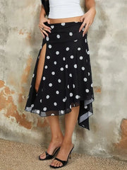 Black Polka Dot Printed Irregular Split Midi Skirt