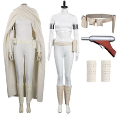 “Star Wars Padmé cosplay outfit with tactical belt and boots”