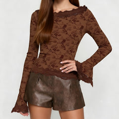 Brown Lace Trim Top