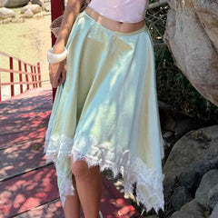Satin Lace Trim Irregular Hem Midi Skirt