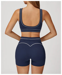 Navy blue sports bra and shorts set - back view