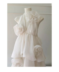 White Halter 3D Floral Tiered Bud Maxi Dress