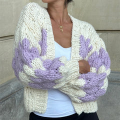 Color Block Long Sleeve Knit Short Cardigan