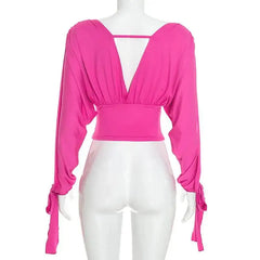 V-Neck Slit Tied-up Long Sleeve Waist Cinched Top